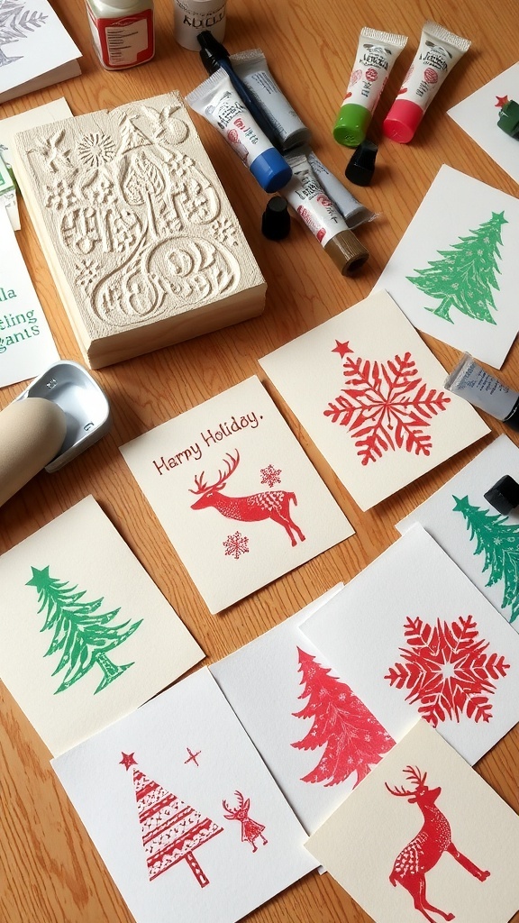 Lino Print Christmas Cards Tutorial Colorful lino print Christmas cards on a wooden table with a carved block and printing tools.